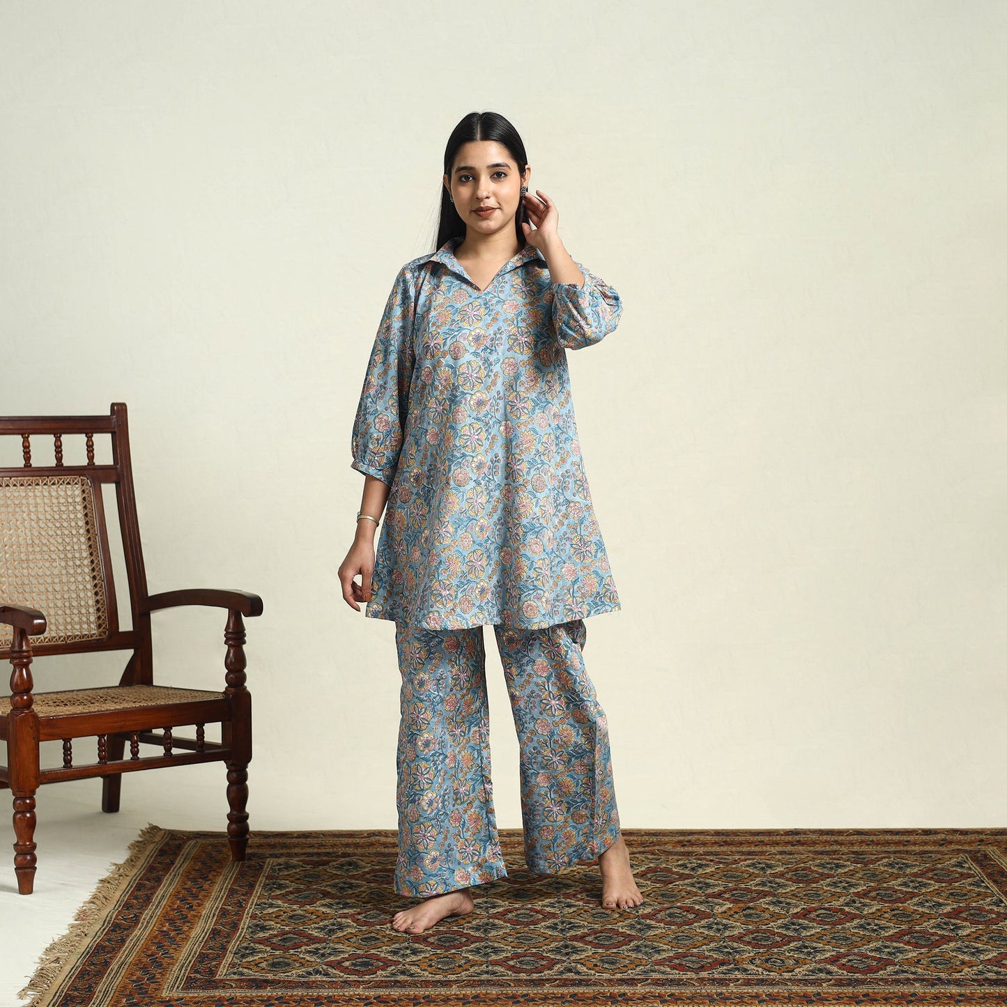 Cotton Blue Sanganeri Block Print Night Suit Set Online