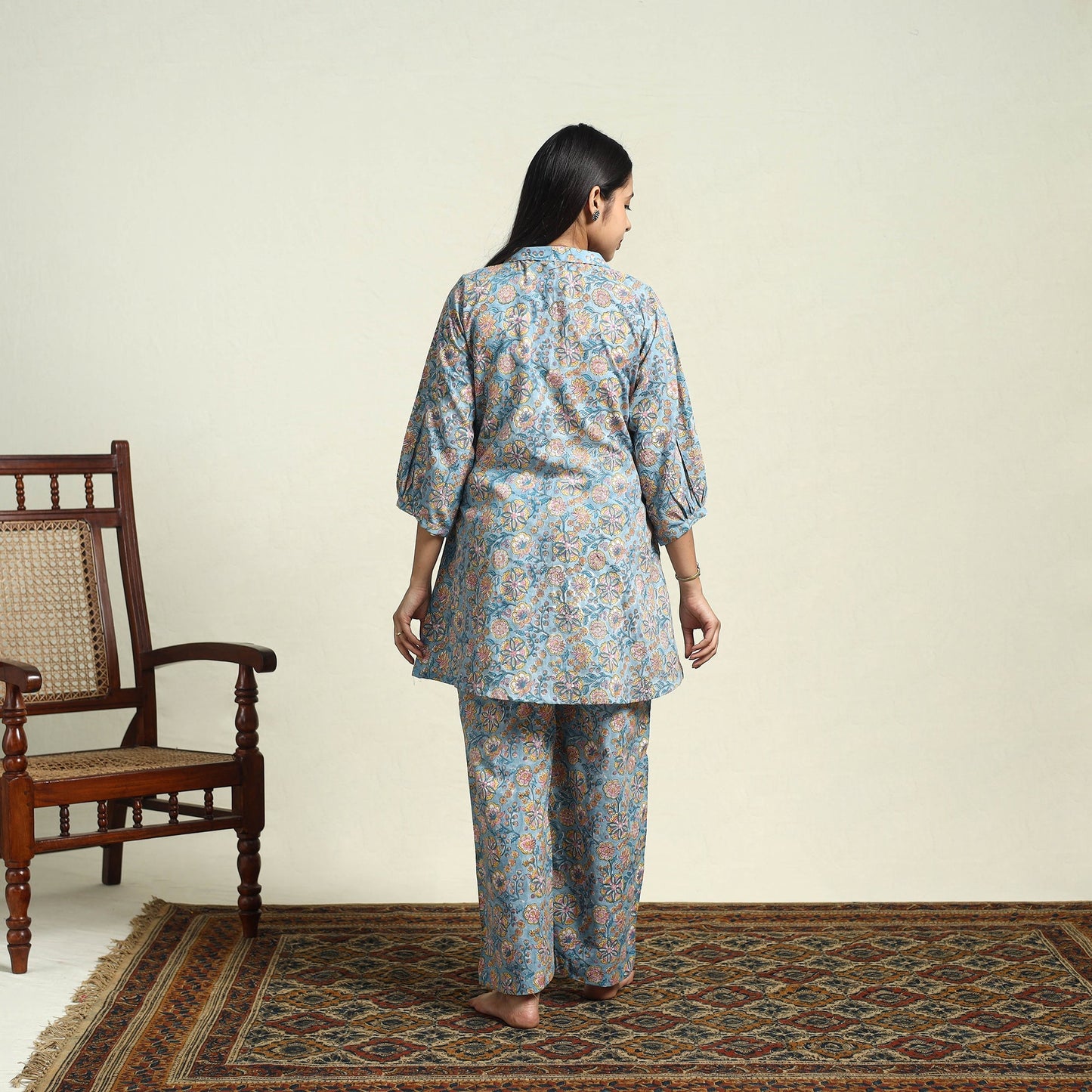 Cotton Blue Sanganeri Block Print Night Suit Set Online