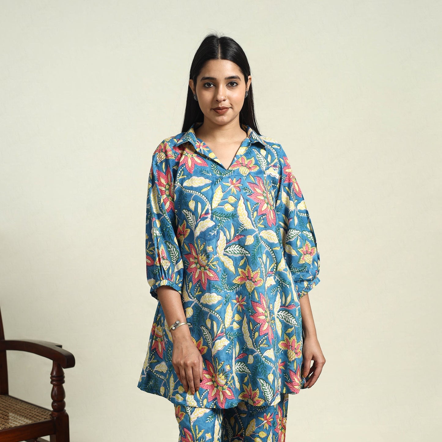 Blue Cotton Sanganeri Block Print Night Suit Set