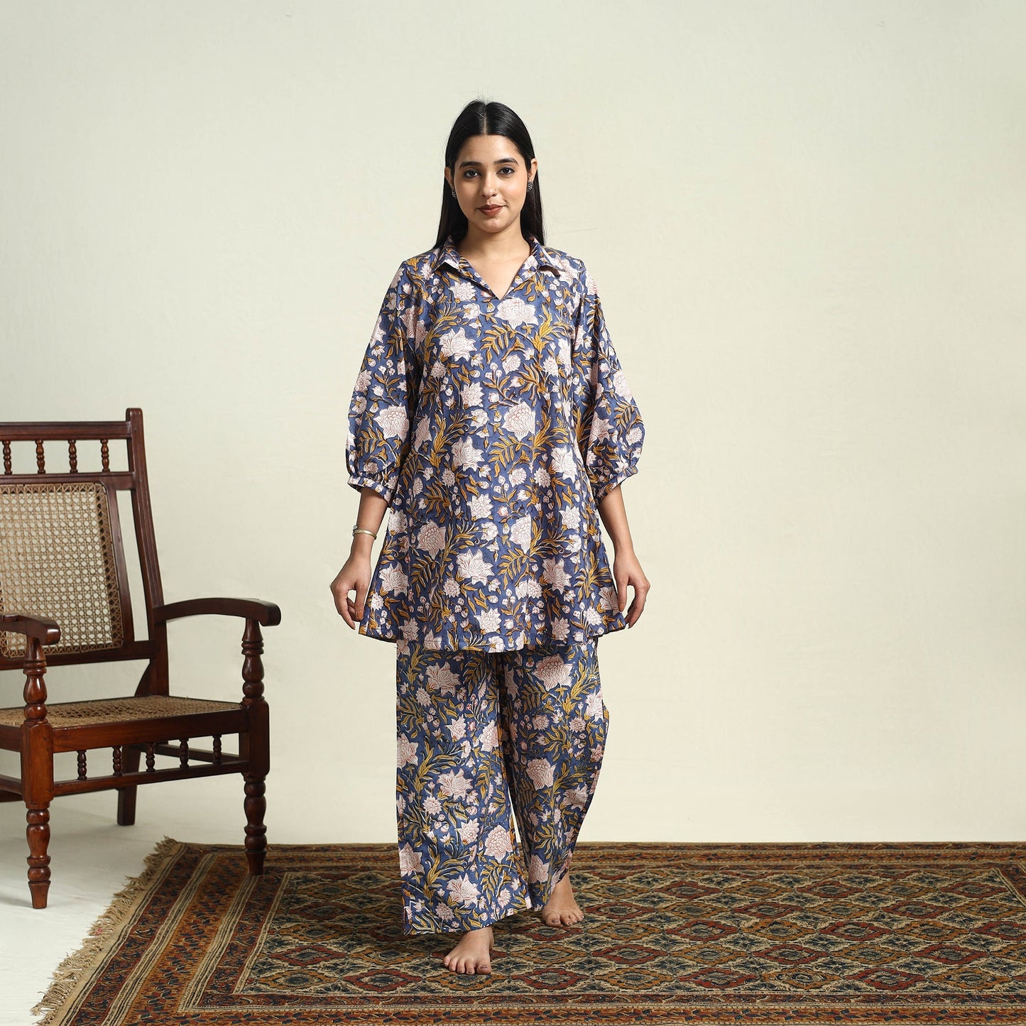 Buy Cotton Blue Sanganeri Block Print Night Suit Set Online