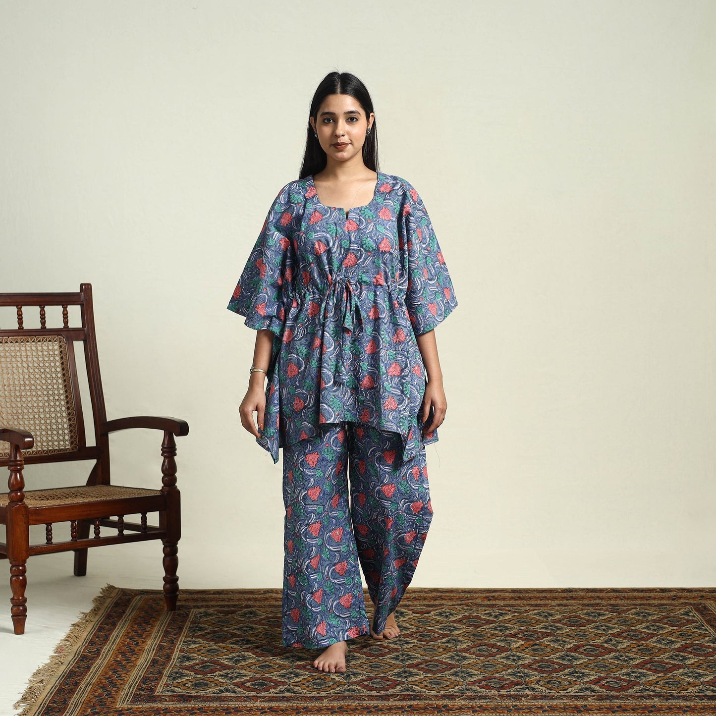Blue Cotton Sanganeri Block Print Night Suit Set