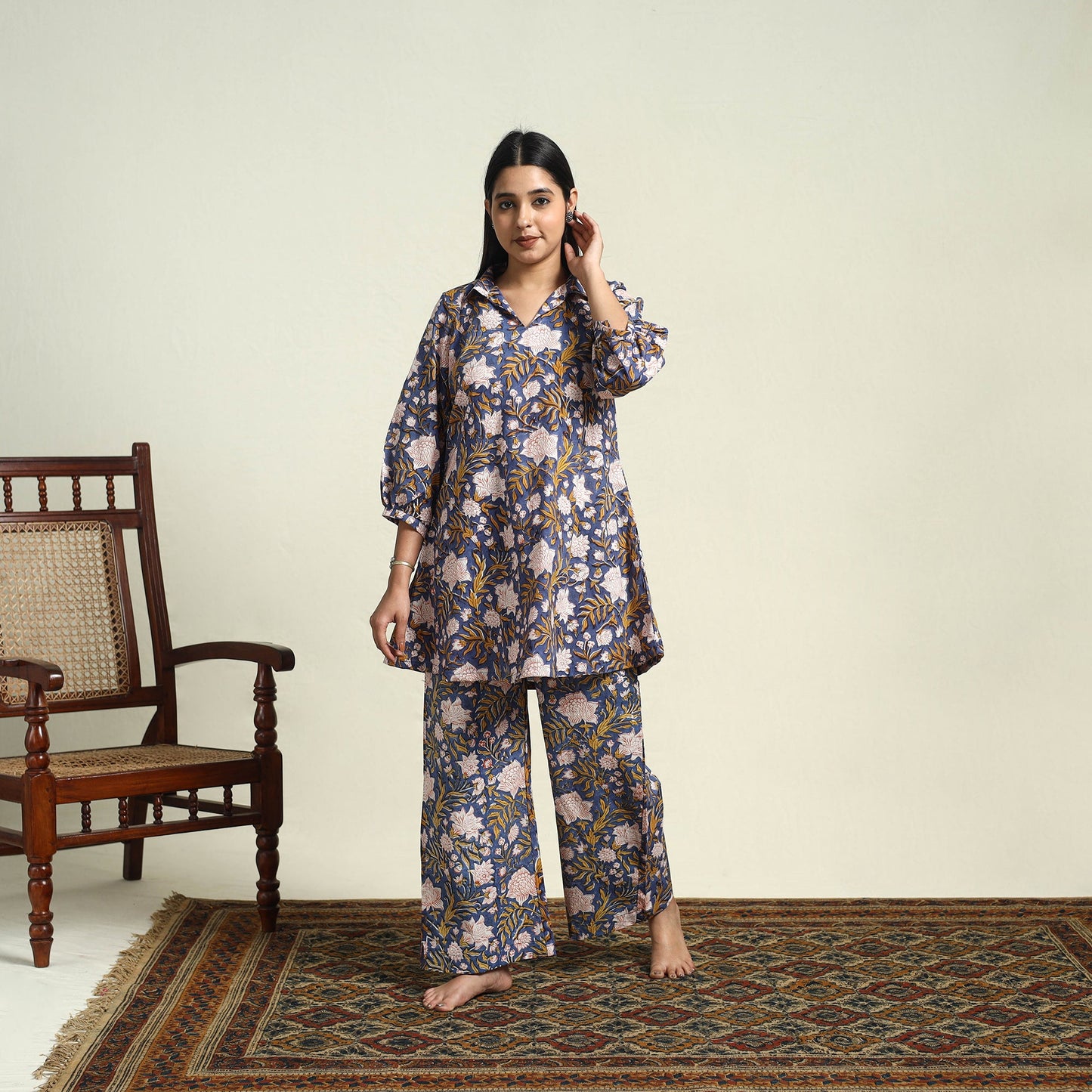 Buy Cotton Blue Sanganeri Block Print Night Suit Set Online