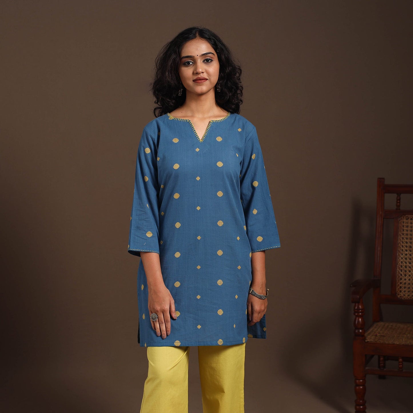Blue - cotton short jacquard kurta with hand embroidery 01