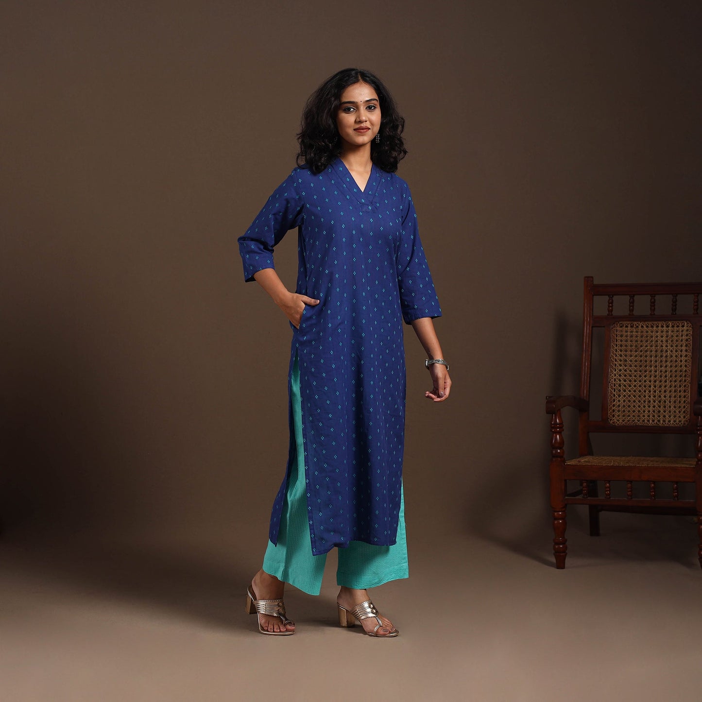 Blue - cotton straight jacquard kurta 15 - handcrafted