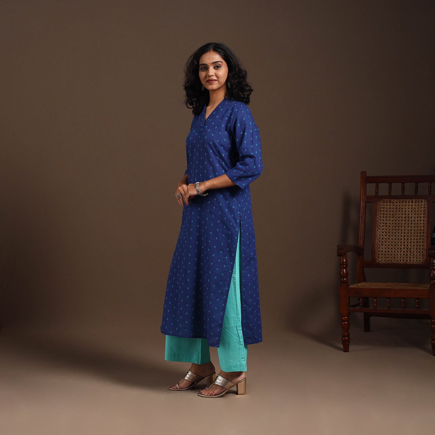 Blue - cotton straight jacquard kurta 15 - handcrafted