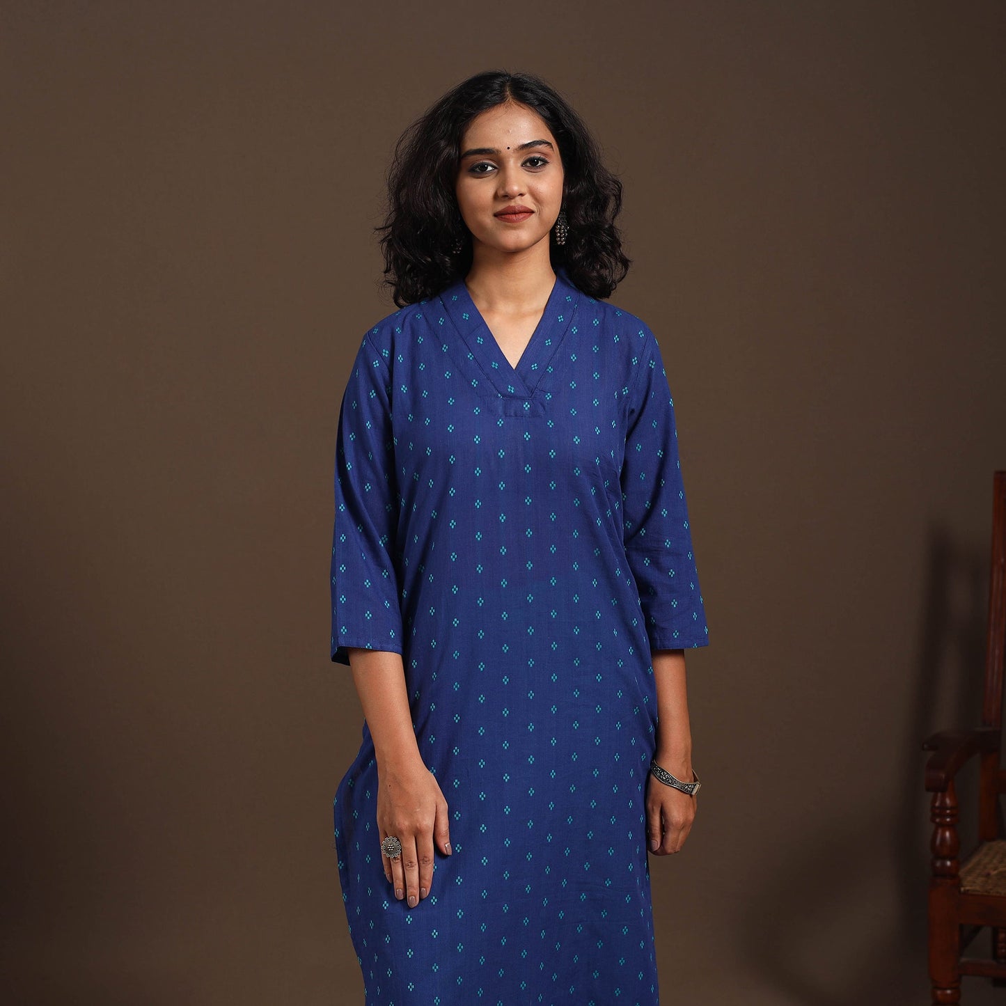 Blue - cotton straight jacquard kurta 15 - handcrafted