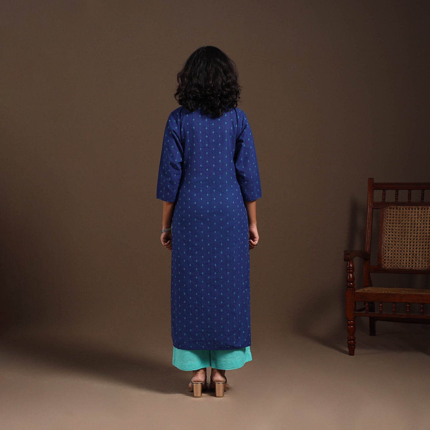 Blue - cotton straight jacquard kurta 15 - handcrafted