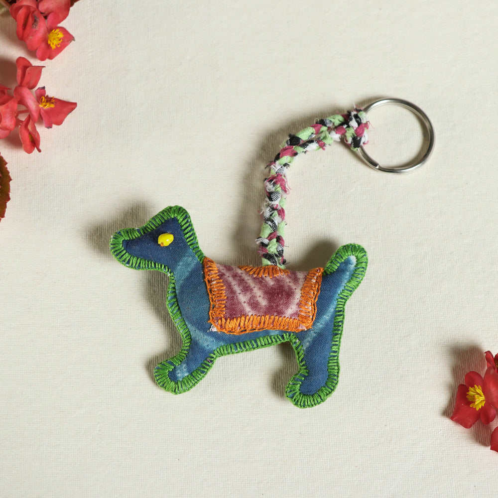 Blue Dog Katran Artwork Kantha Stitch Funky Keychain