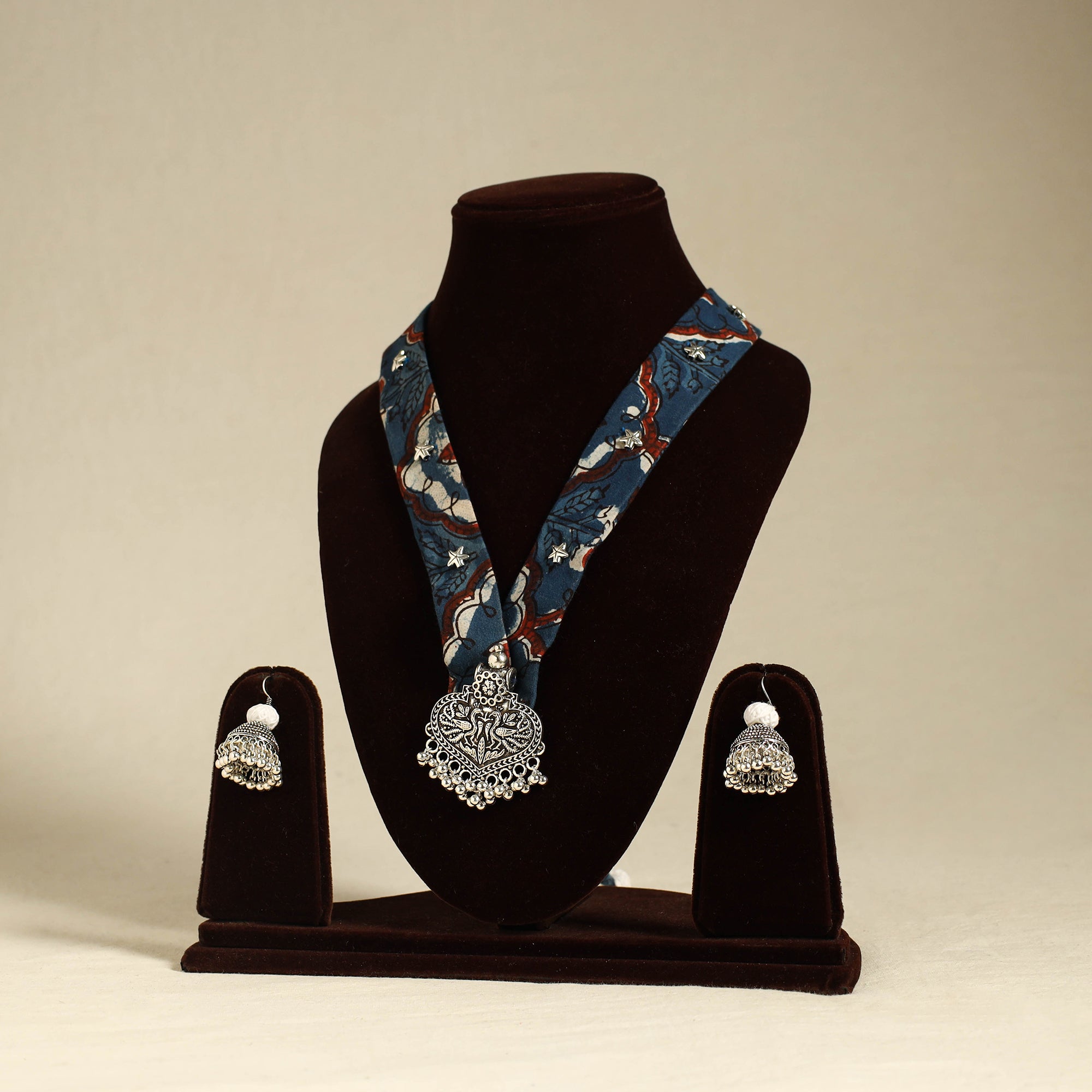 Black - Fabart German Silver Mirror Work Choker Necklace Set 13
