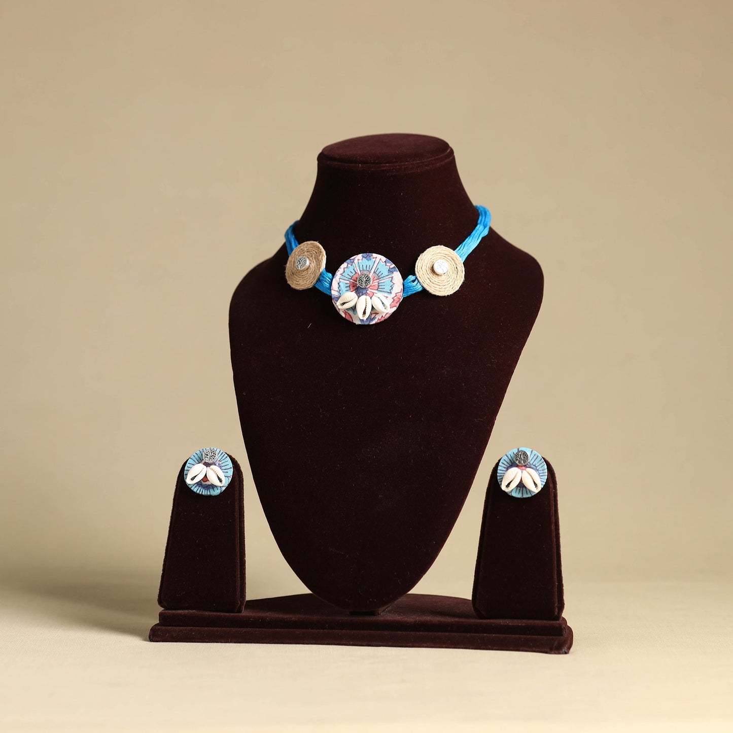 Blue - fabart jute choker necklace set 15 - handcrafted