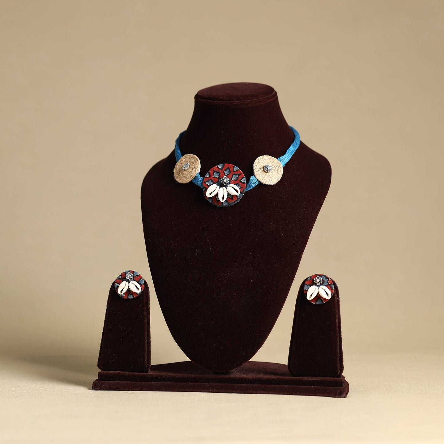 Blue - fabart jute choker necklace set 19 - handcrafted