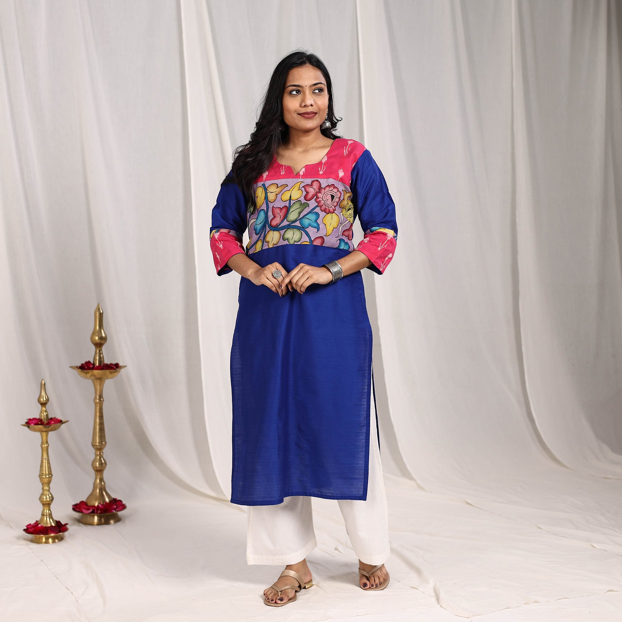 Blue - Fiza Slub Silk Straight Plain Long Kurta with Patchwork