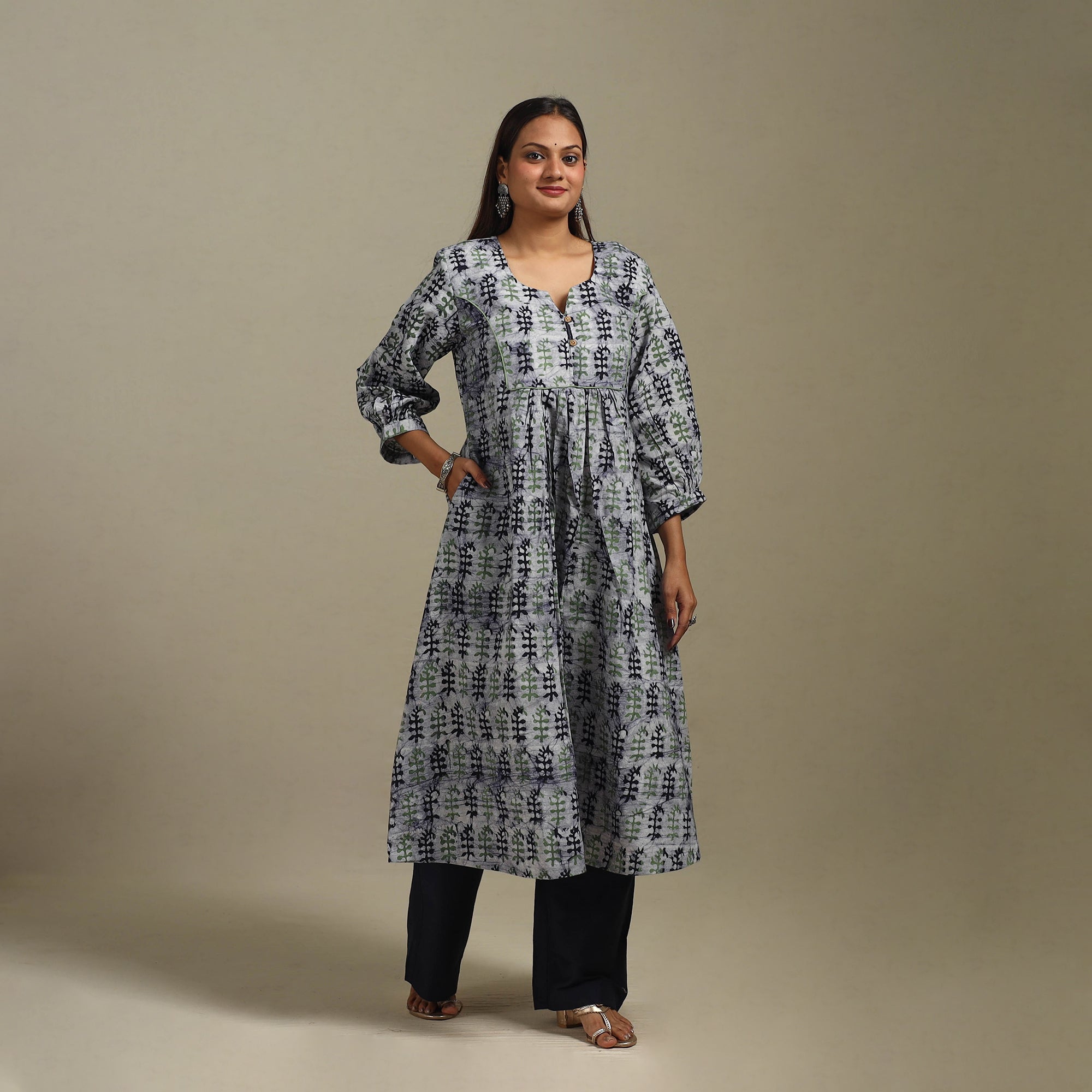 Blue - Flared Cotton Hand Block Batik Print Kurta for women 10