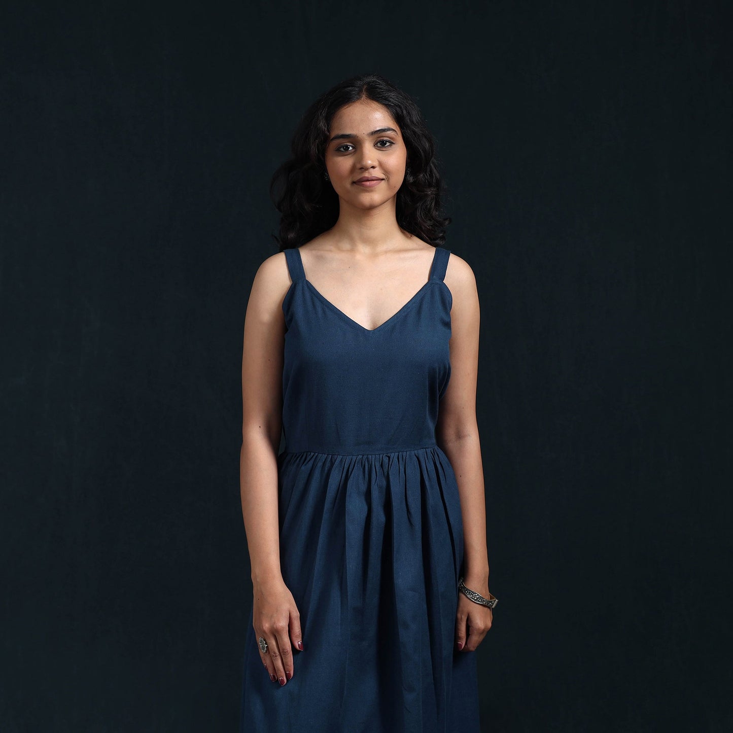 Blue - flex cotton tiered plain dress 03 - handcrafted