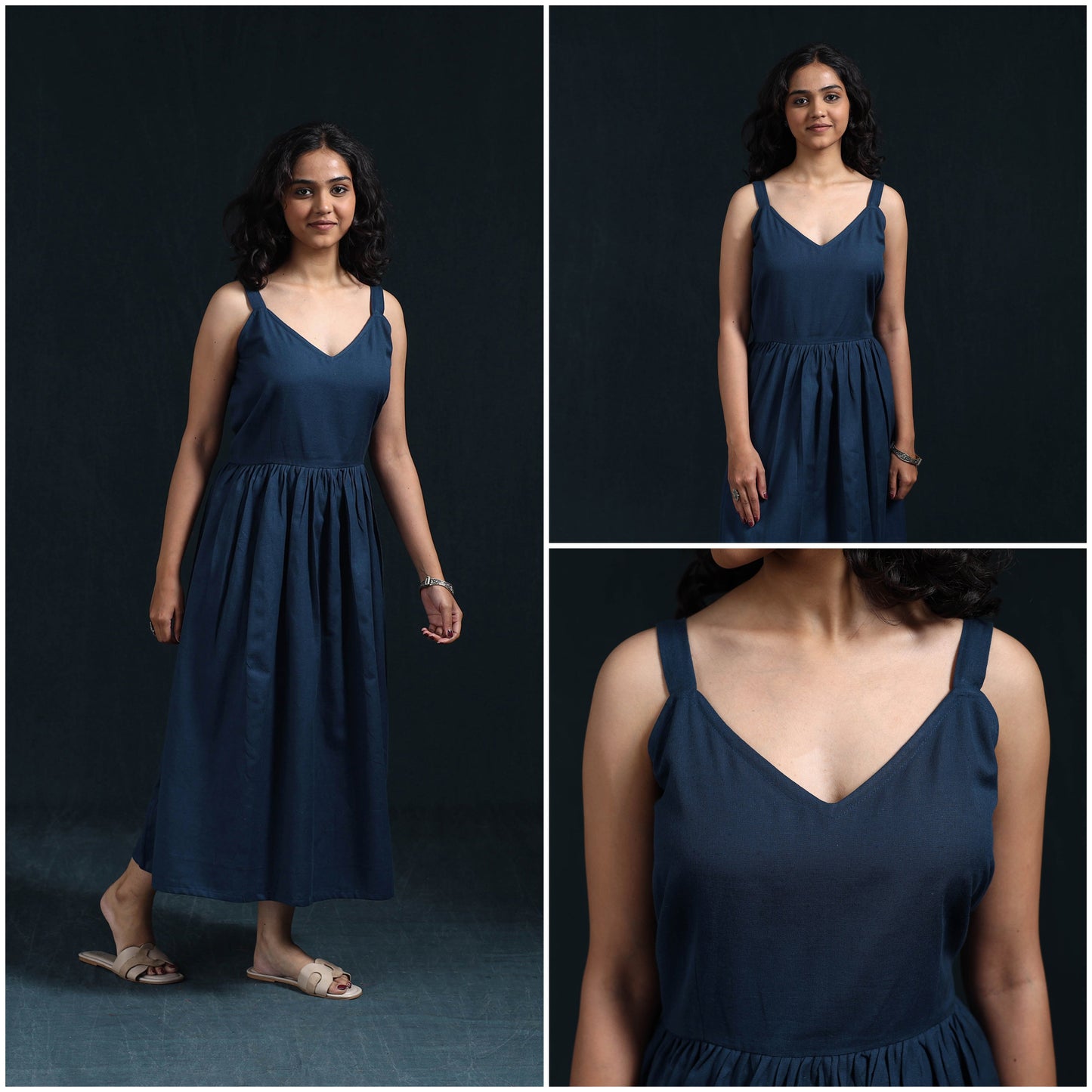 Blue - flex cotton tiered plain dress 03 - handcrafted