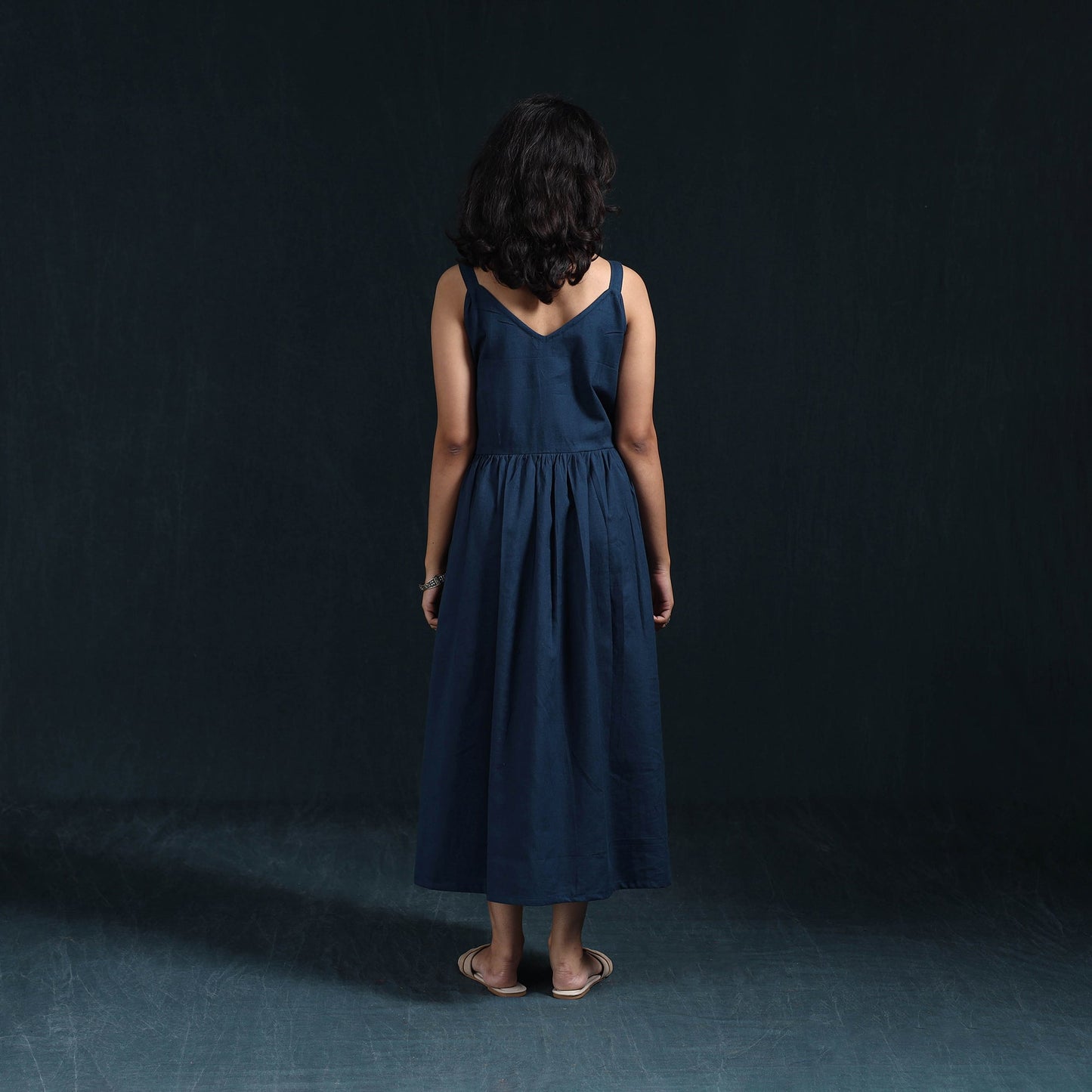 Blue - flex cotton tiered plain dress 03 - handcrafted