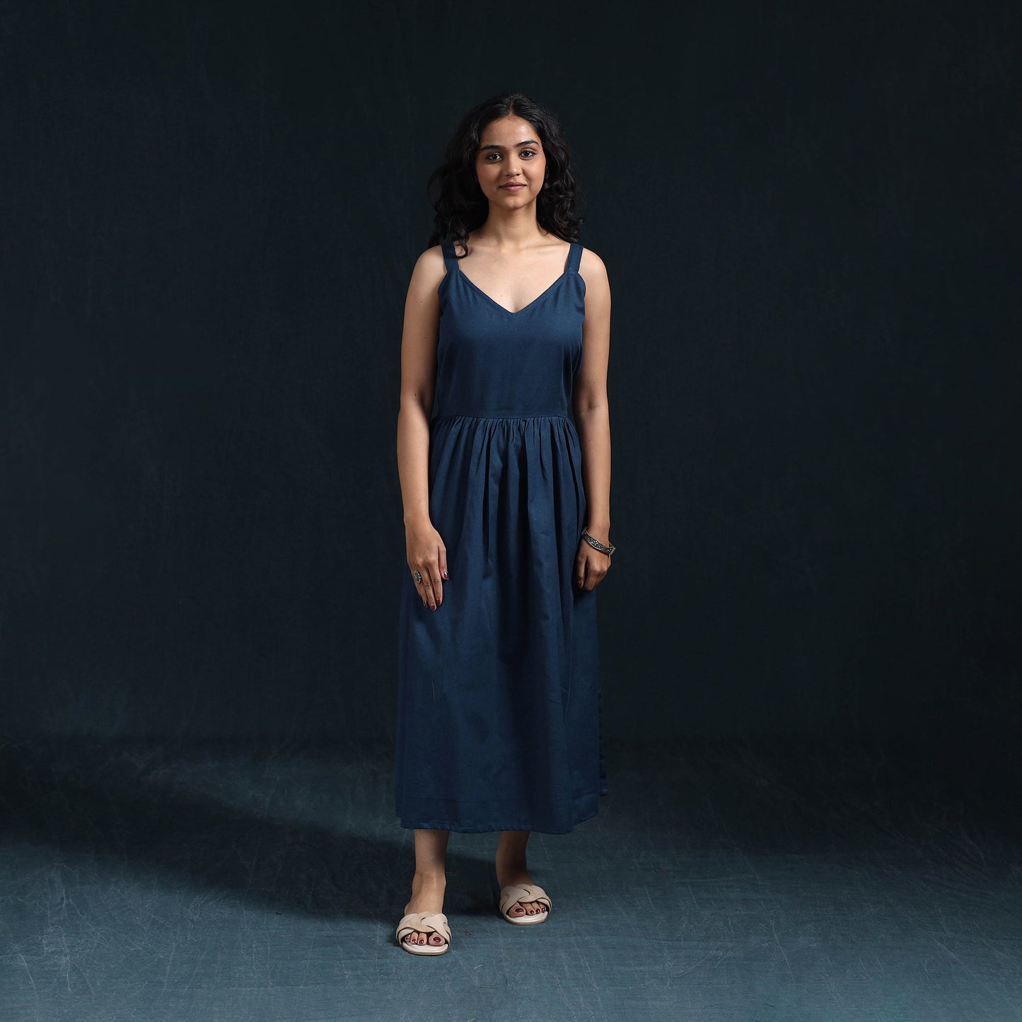Blue - flex cotton tiered plain dress 03 - handcrafted