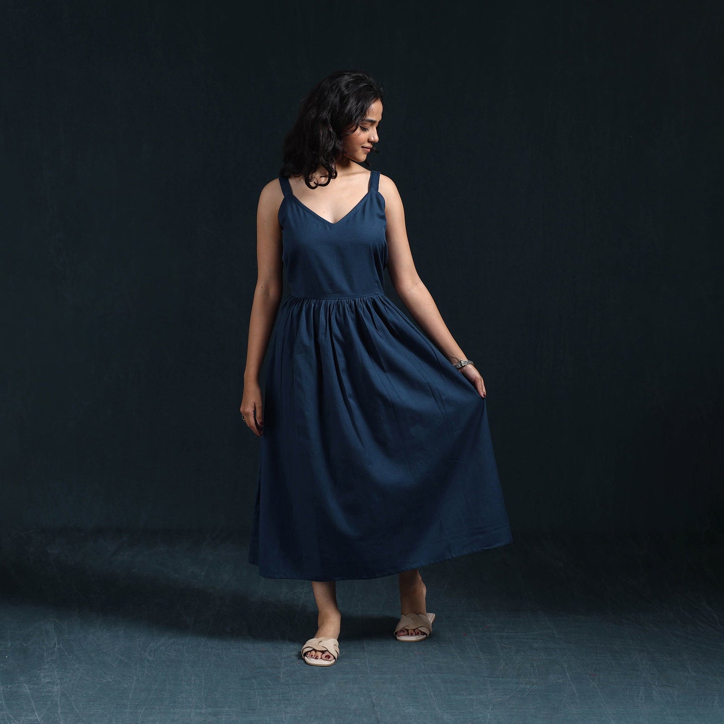 Blue - flex cotton tiered plain dress 03 - handcrafted
