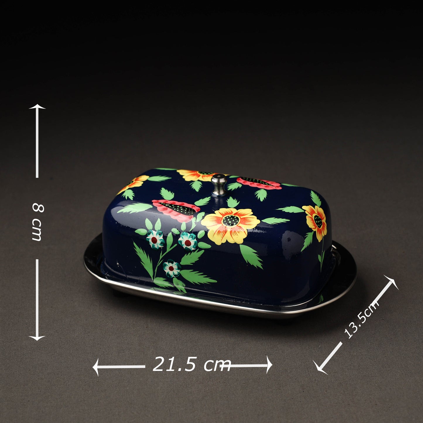 Floral Black Handpainted Enamelware Stainless Steel Butter Dish