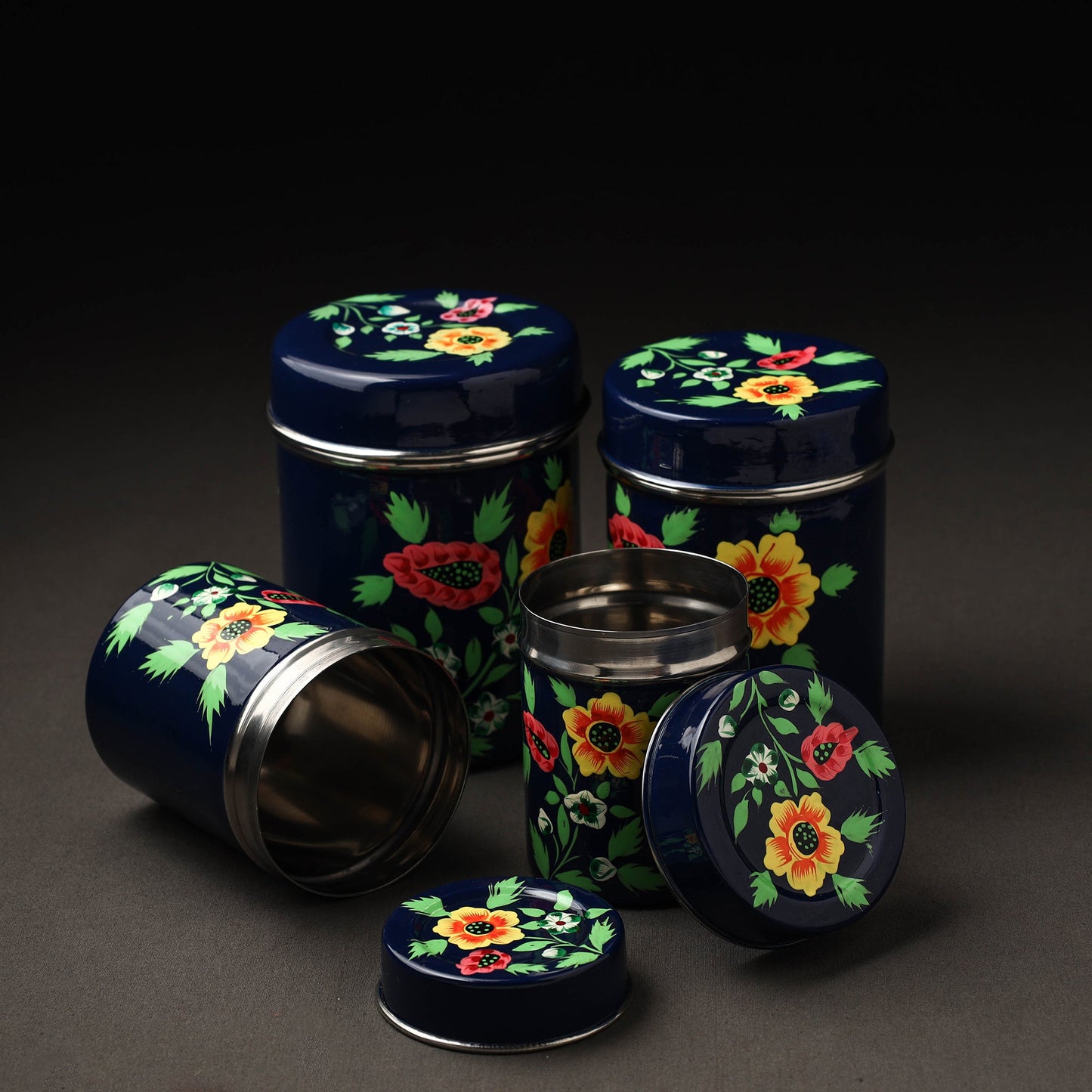 Floral Blue Handpainted Enamelware Stainless Steel Container
