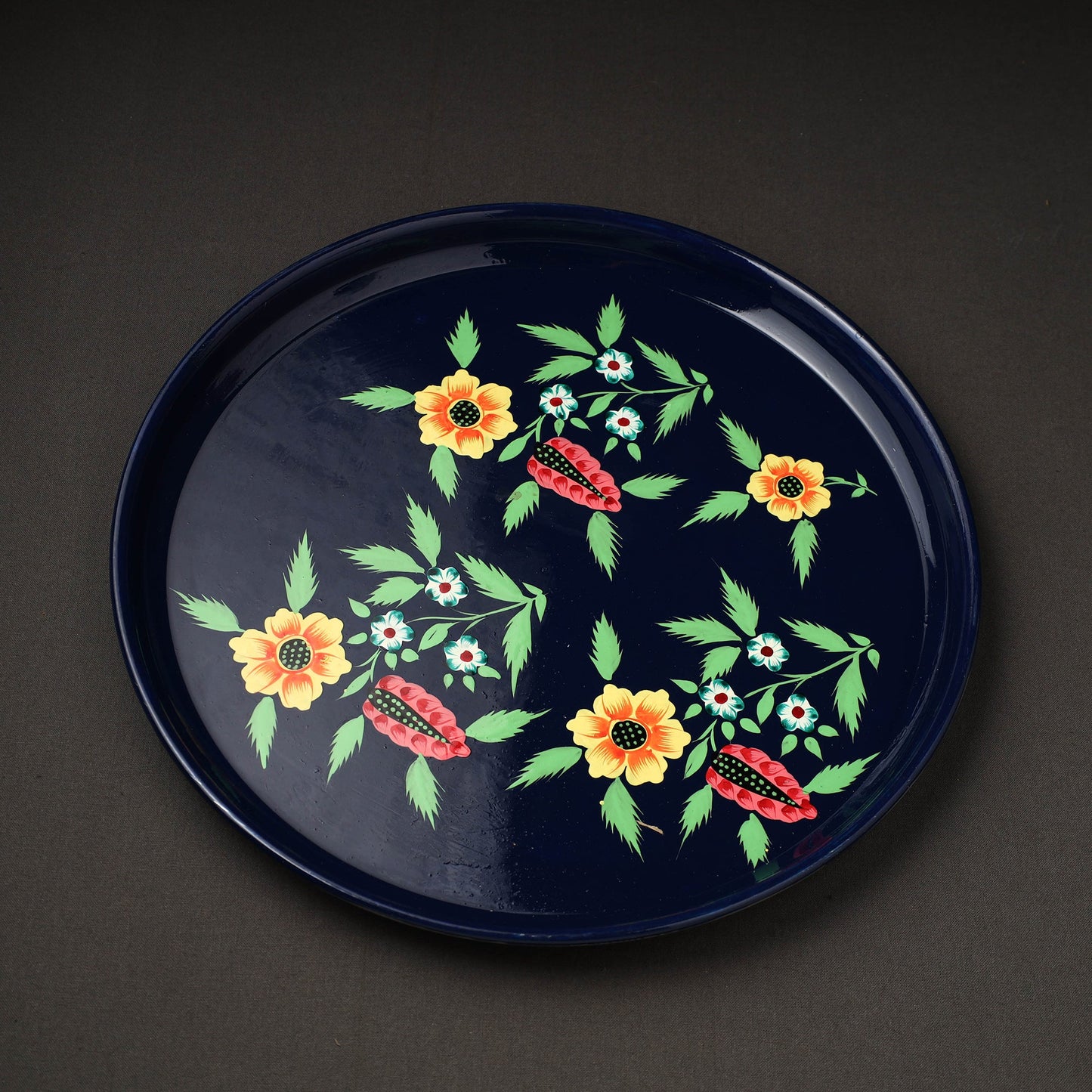 Floral Blue Handpainted Enamelware Stainless Steel Plate