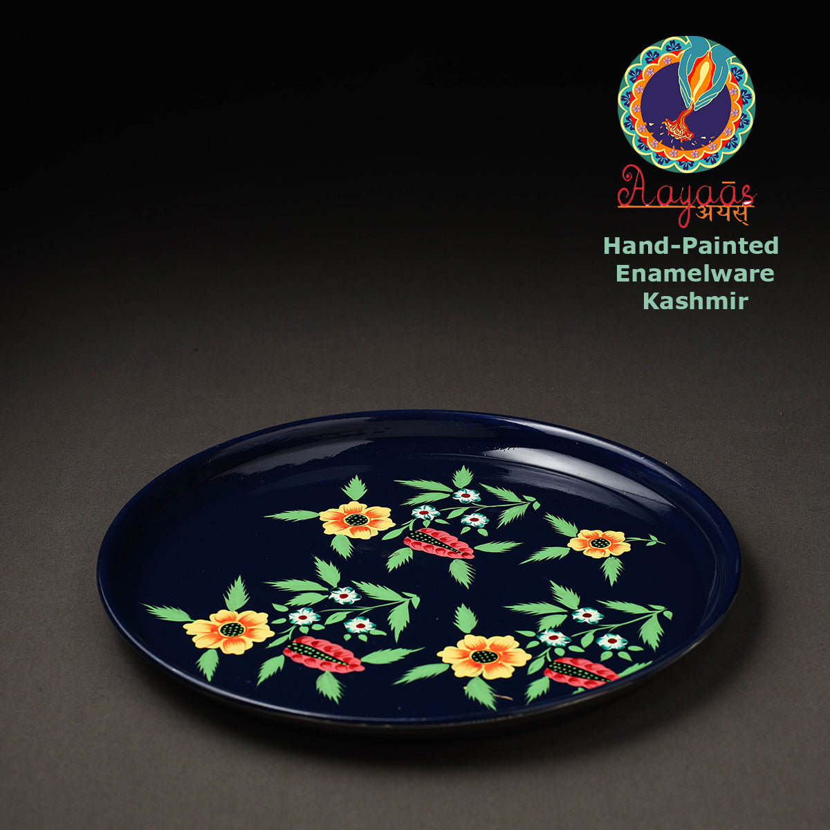 Floral Blue Handpainted Enamelware Stainless Steel Plate