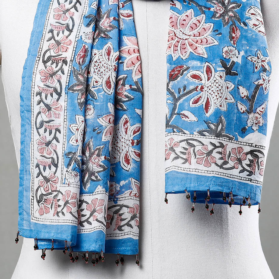 Blue with Pink Flowers Sanganeri Block Printed Cotton Stole with Beaded Border