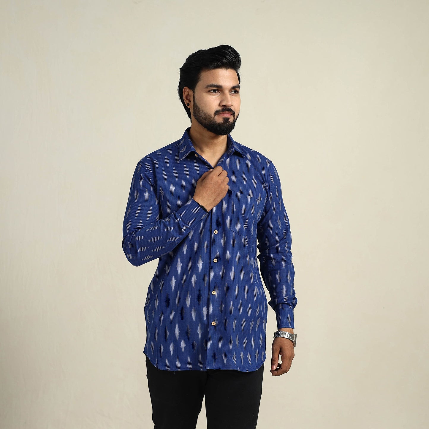 Buy Blue Full Sleeve Men Cotton Pochampally Ikat Shirt