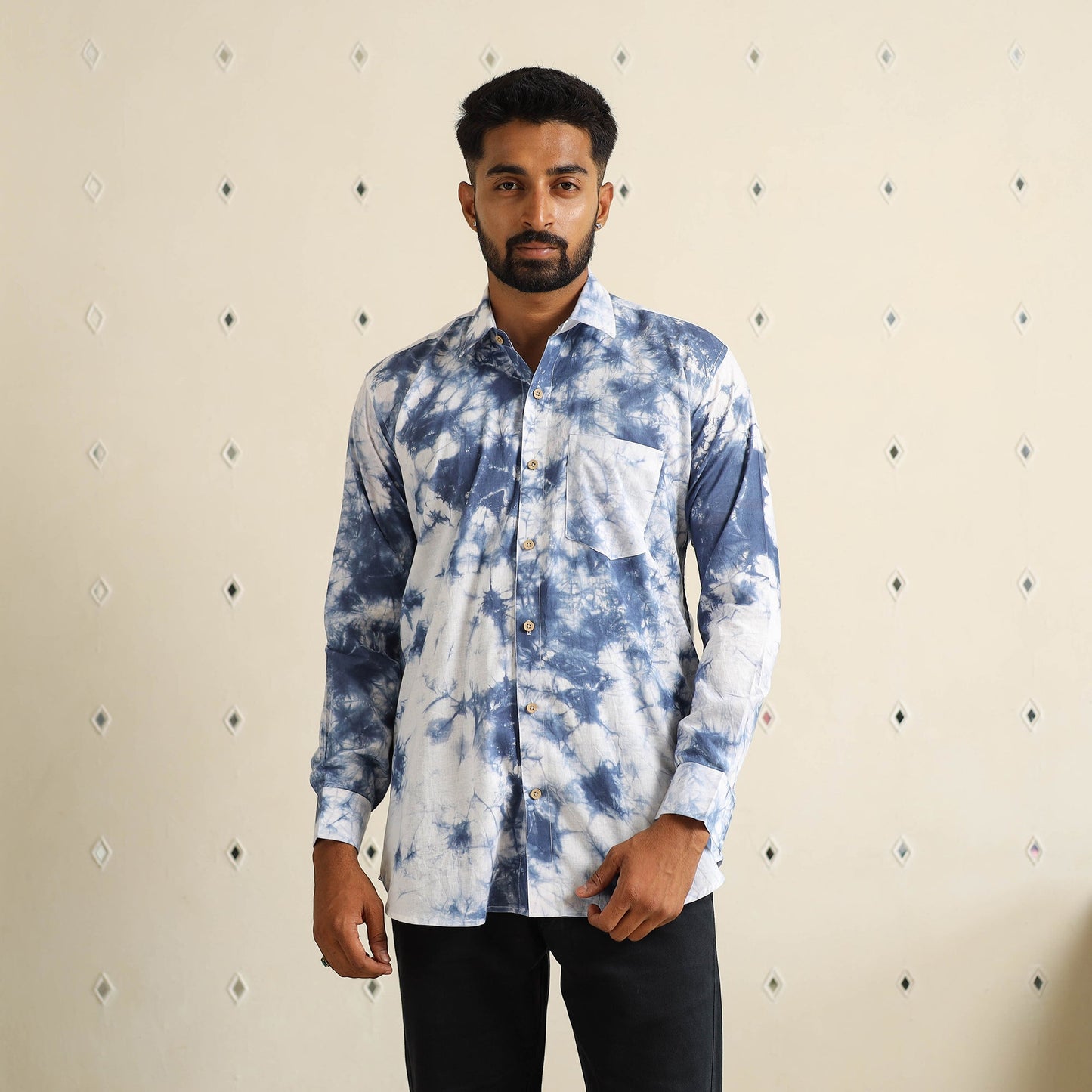 Blue Full Sleeve Tie & Dye Cotton Men Shibori Shirt