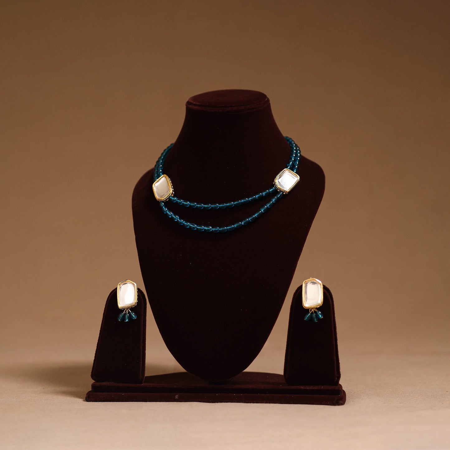 Glass beads kundan work necklace set 63 - handcrafted