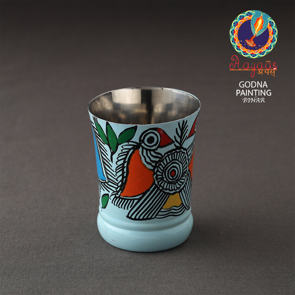 Godna Madhubani Blue Handpainted Stainless Steel Glass
