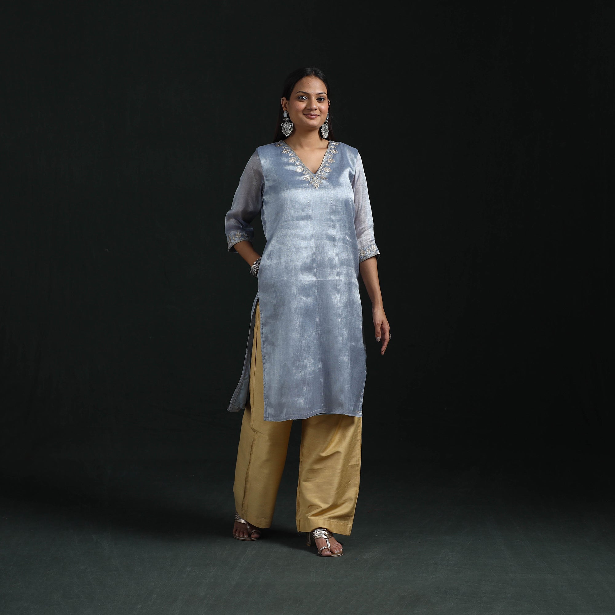 Blue - Gota Work Fine Tissue Zari Straight Plain Long Kurta for women 10