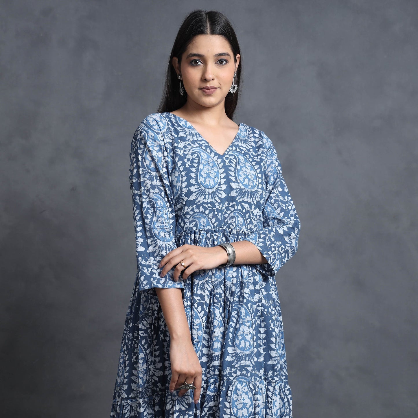 Blue - hand batik printed cotton flared gher dress
