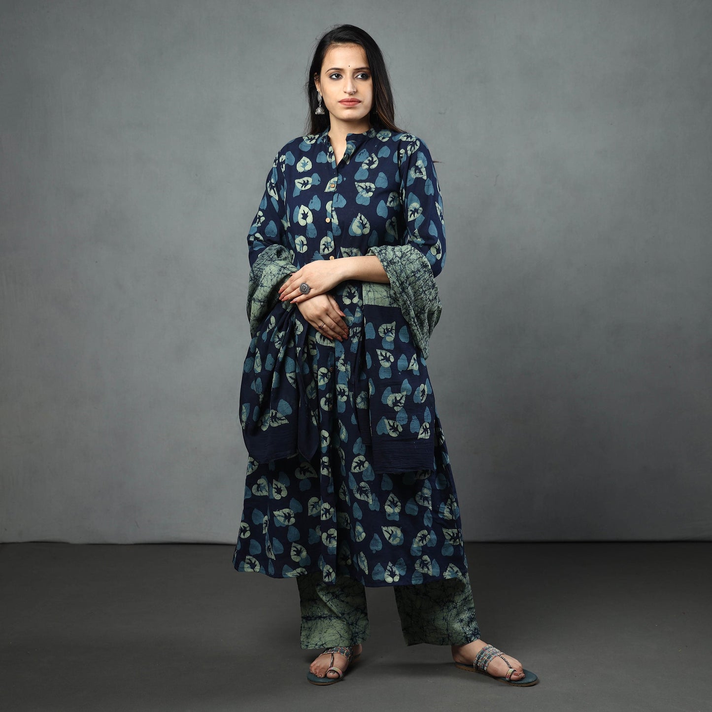 Hand batik printed cotton kurta with palazzo & dupatta set