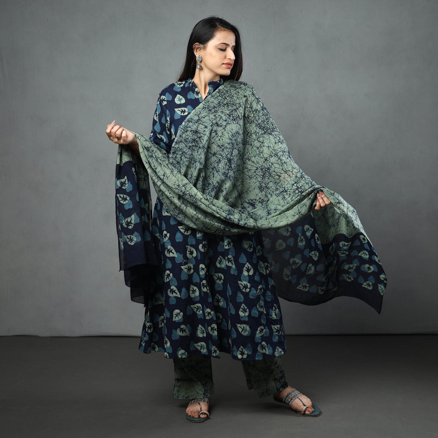 Hand batik printed cotton kurta with palazzo & dupatta set