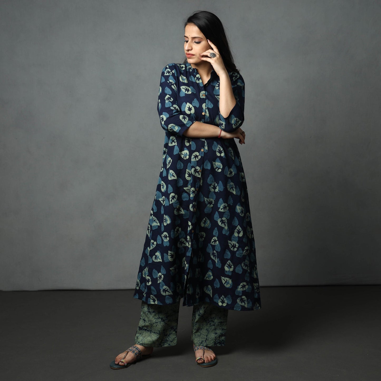 Hand batik printed cotton kurta with palazzo & dupatta set