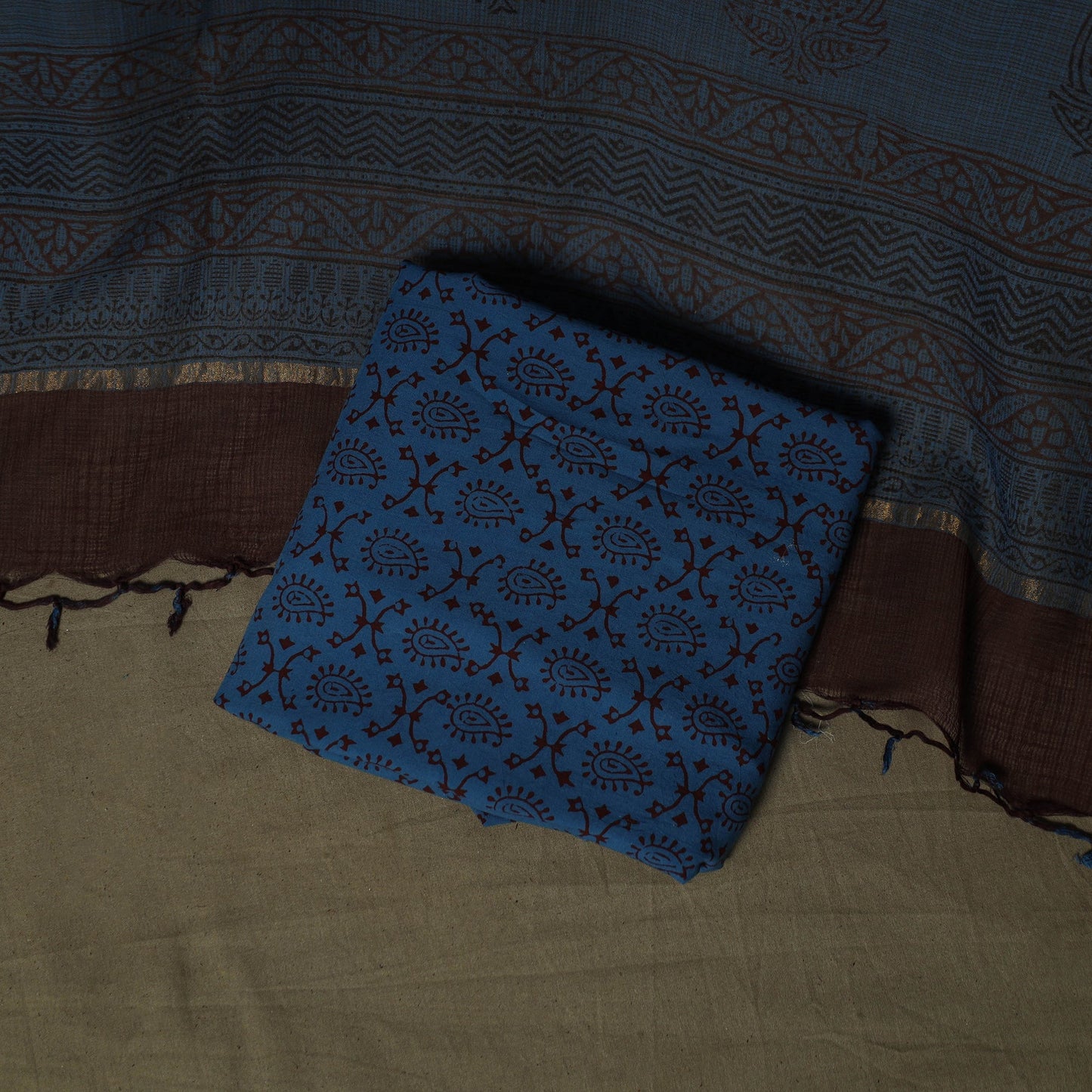 Hand block bagh print natural dyed kota doria cotton 3pc