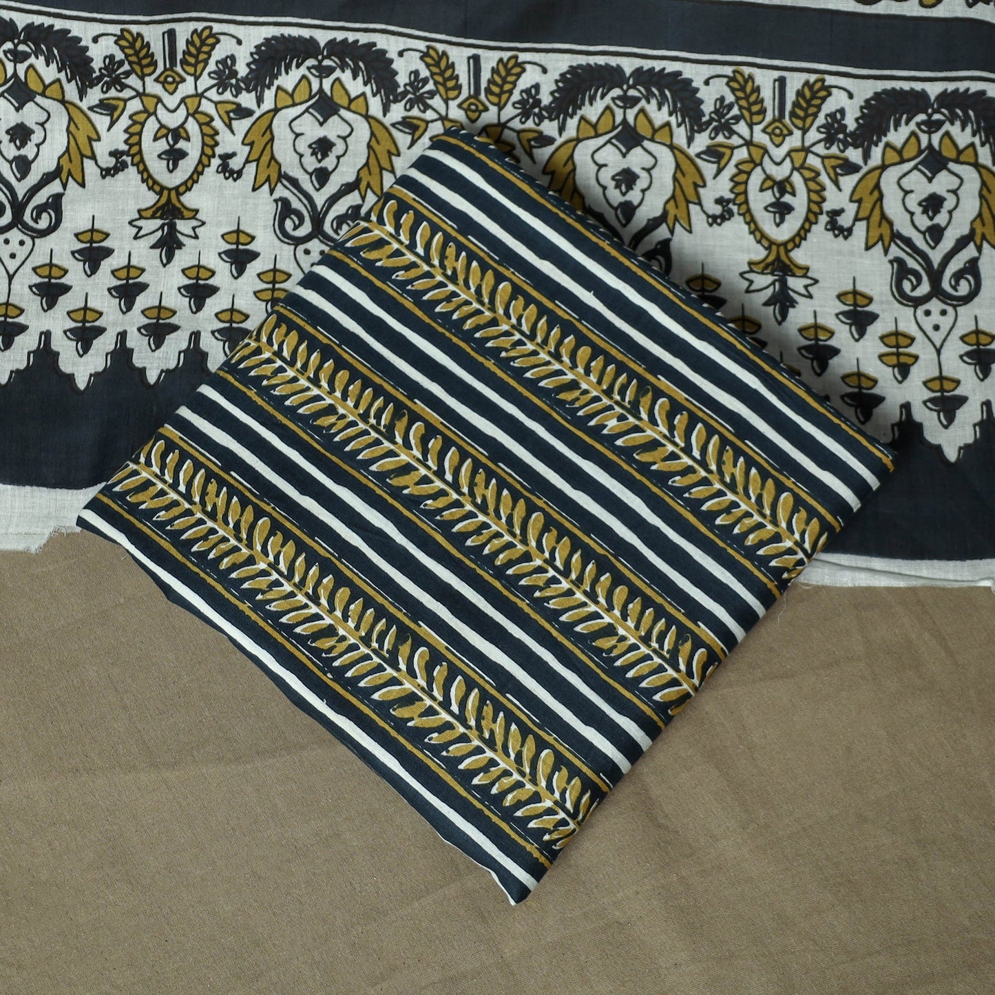 Hand block bagru print cotton 3pc unstitched dress material