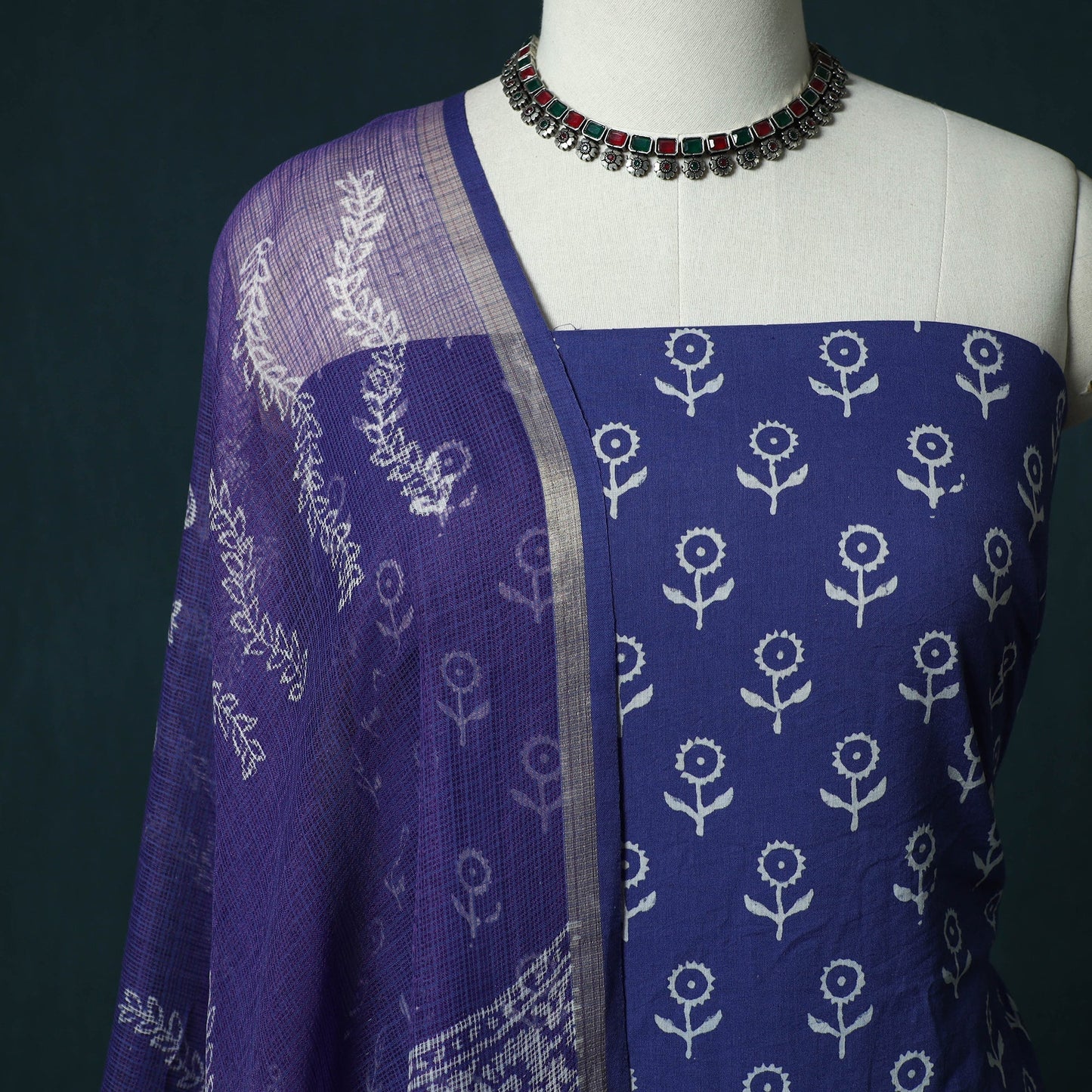 Hand block jaipur print cotton 3pc unstitched dress