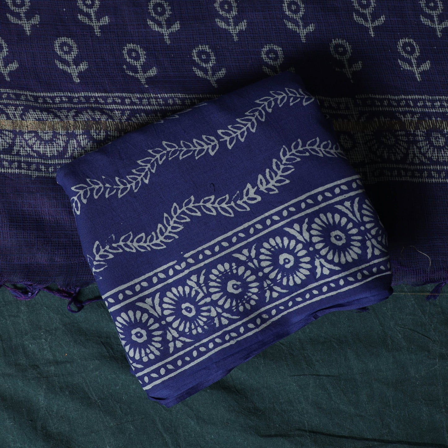 Hand block jaipur print cotton 3pc unstitched dress