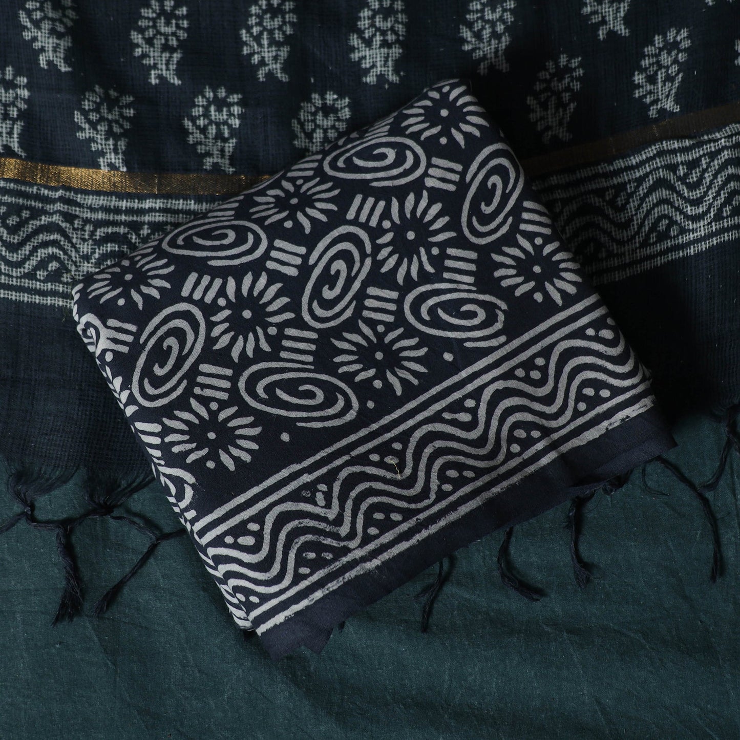 Hand block jaipur print cotton 3pc unstitched dress