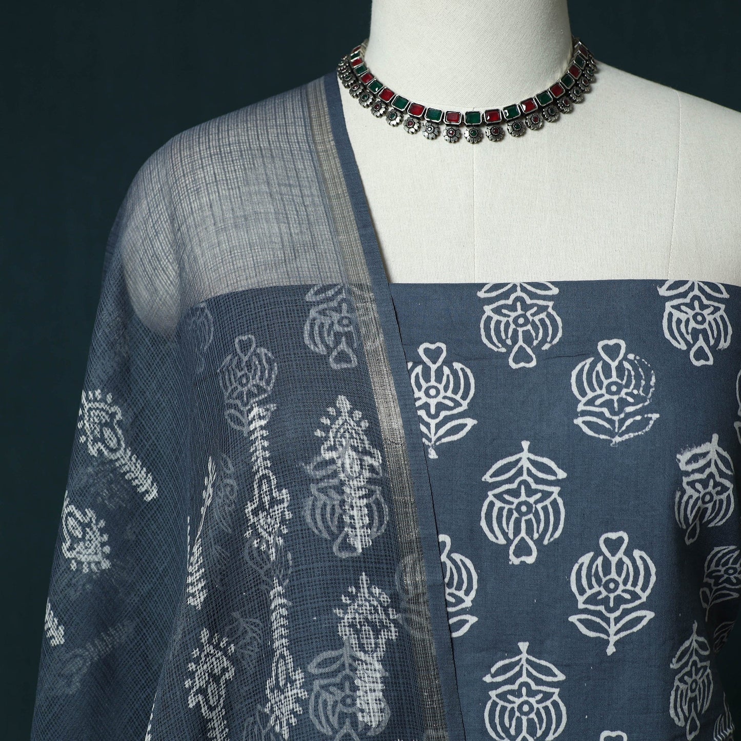 Hand block jaipur print cotton 3pc unstitched dress