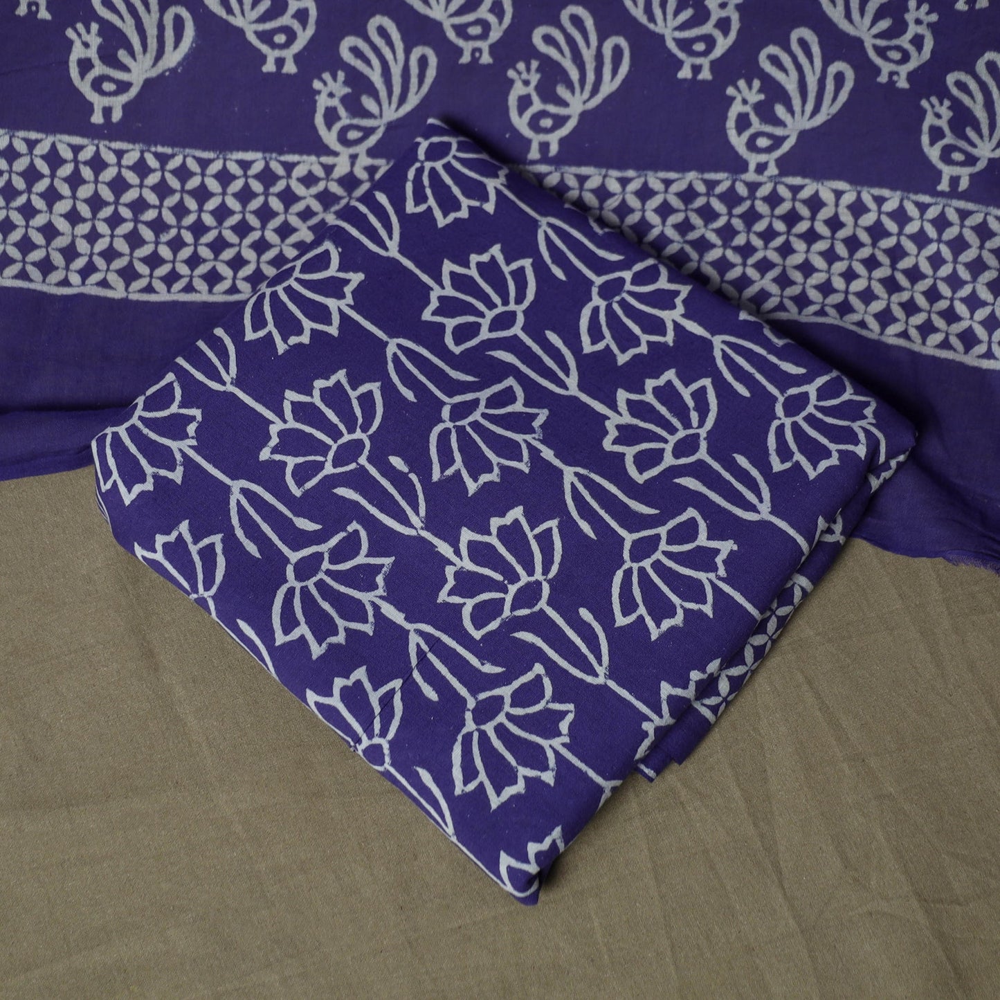 Hand block jaipur print cotton 3pc unstitched dress