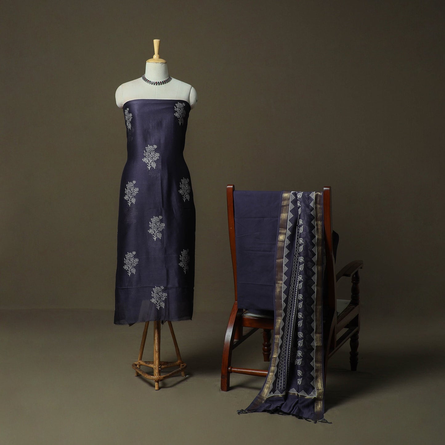 Hand block jaipur print maheshwari silk handloom 3pc