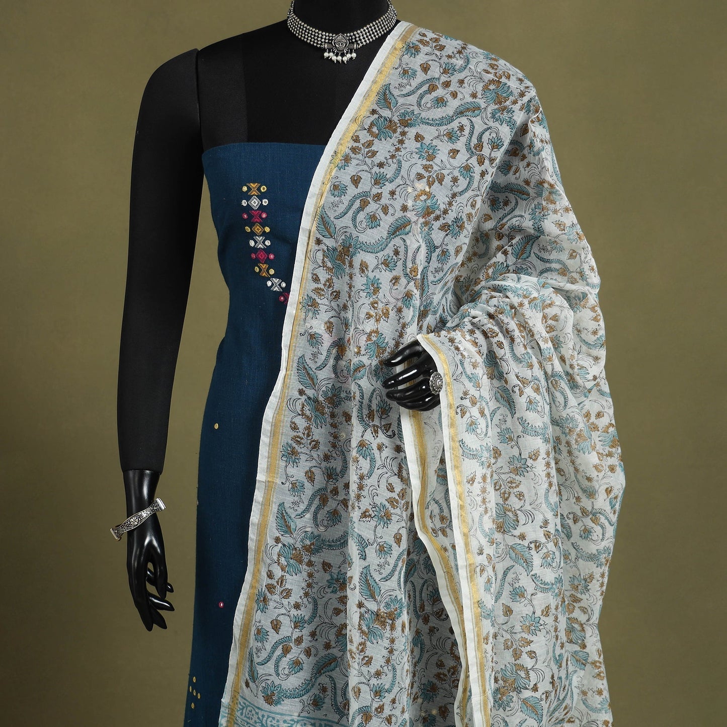 Blue Block Print Kota Doria Cotton Sanganeri Floral Dupatta