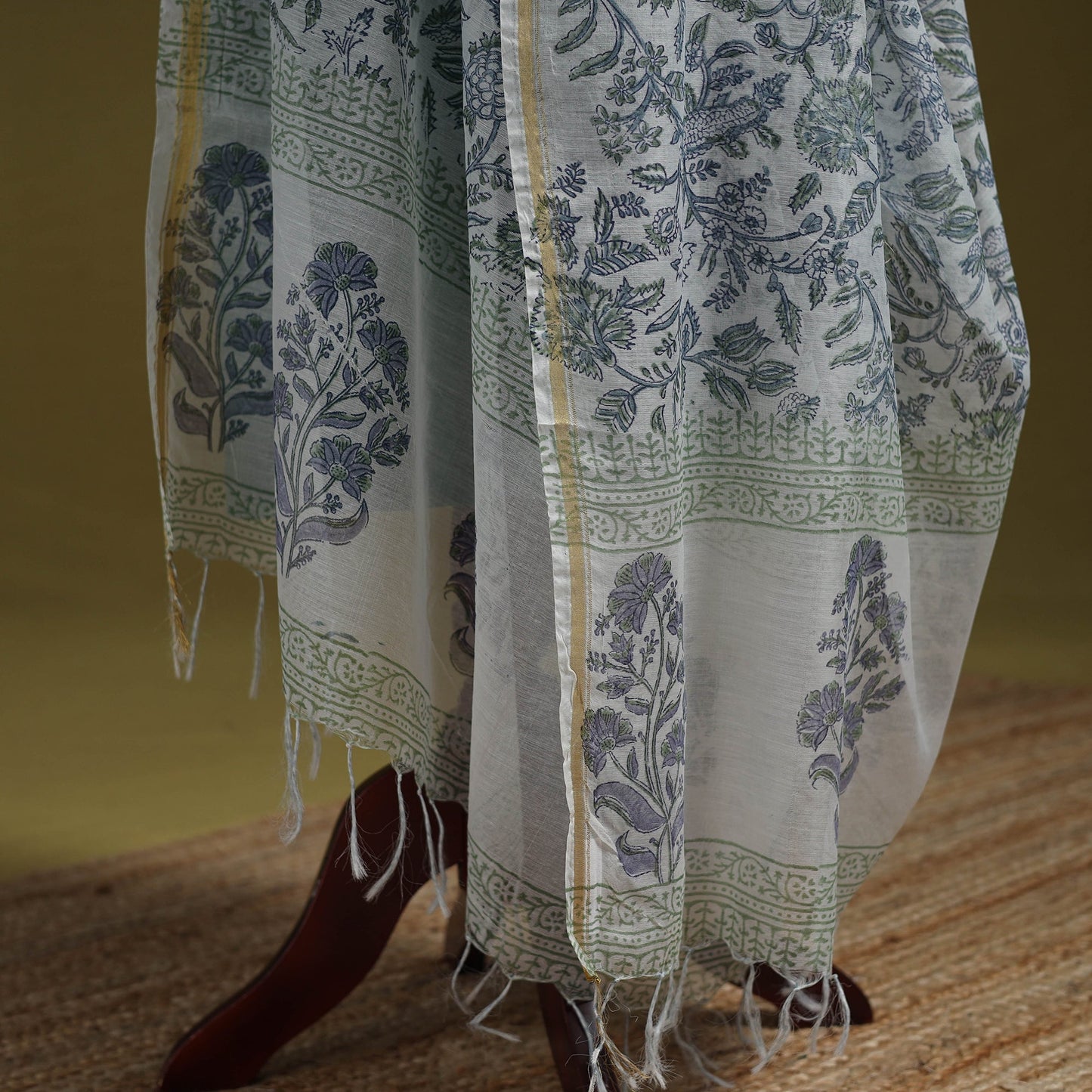 Hand chanderi silk sanganeri floral dupatta 47 - handcrafted