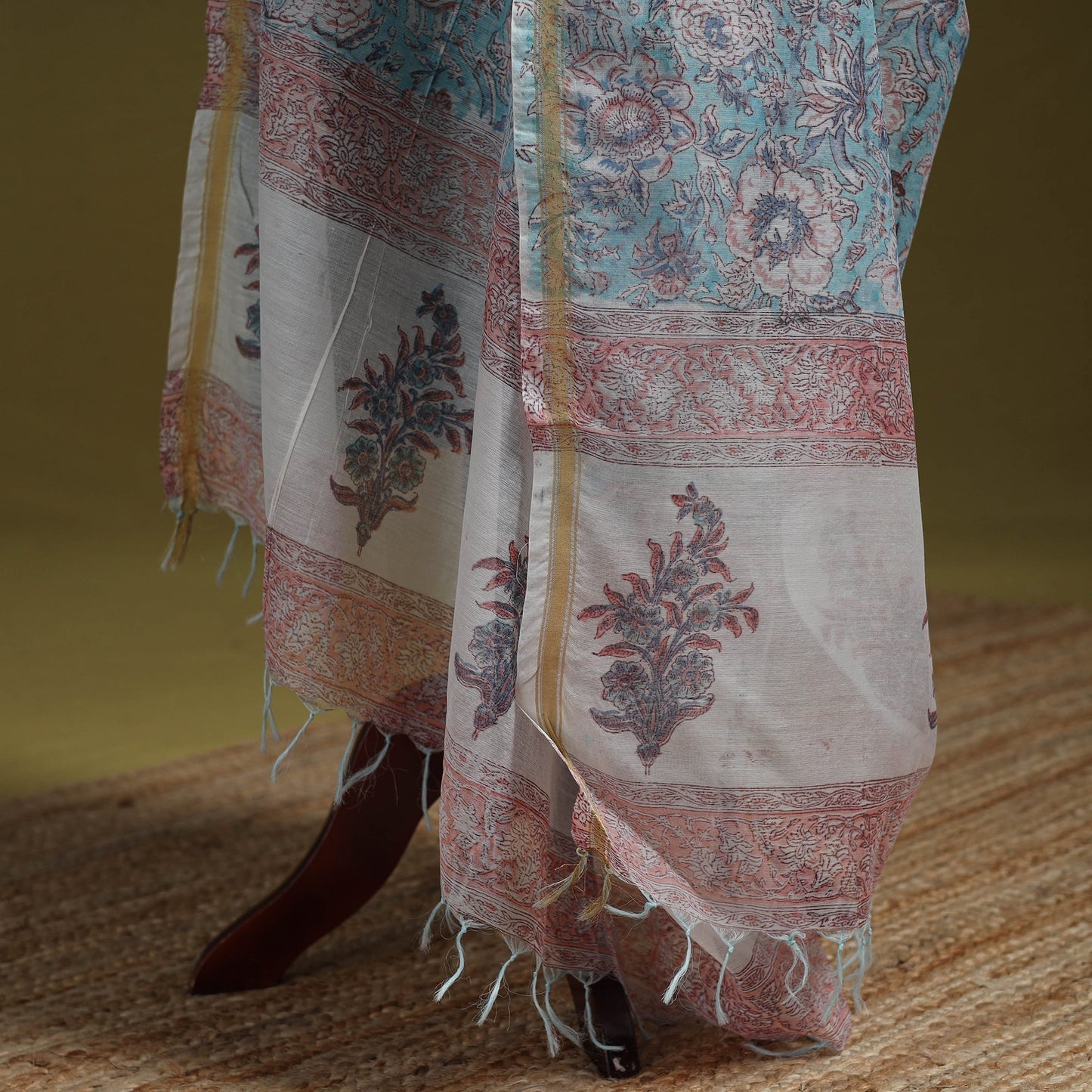 Hand chanderi silk sanganeri floral dupatta 52 - handcrafted