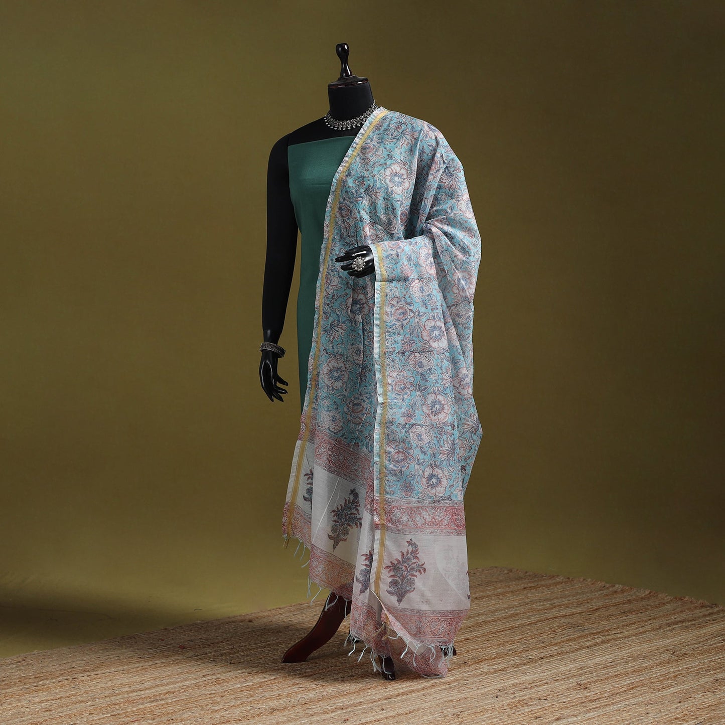 Hand chanderi silk sanganeri floral dupatta 52 - handcrafted