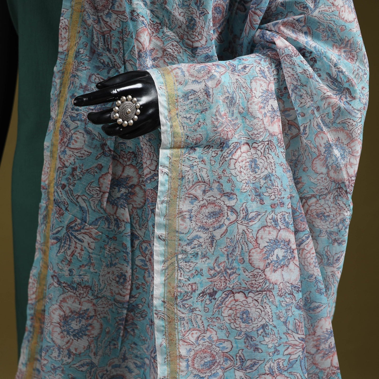 Hand chanderi silk sanganeri floral dupatta 52 - handcrafted