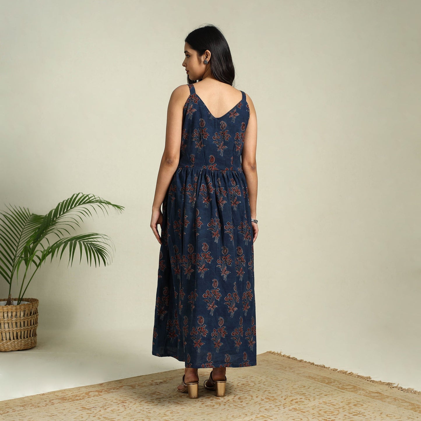 Blue Hand Block Print Cotton Flared Ajrakh Dress